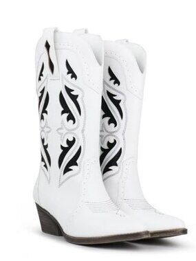 Women's Embroidered Stitched Mid Calf Cowboy Boots Pointed Toe Chunky Block Heel
